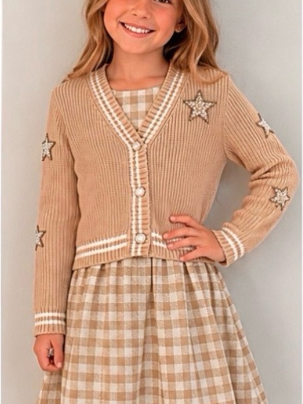 Girls Rare Editions Beige Plaid Dress and Cardigan Set